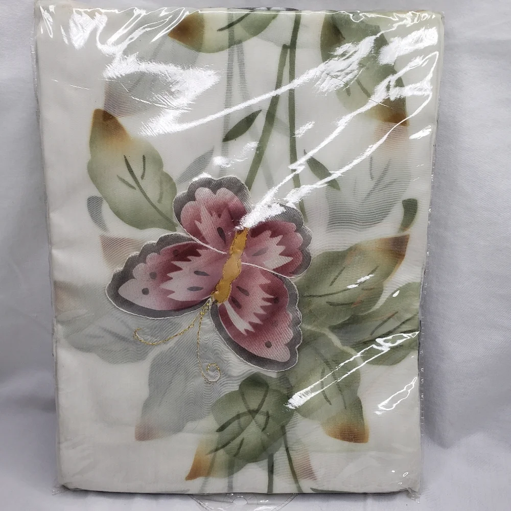 Andrea Sheer Curtain Panel 60 x 90 Pink Butterflies Green Gold Attached Valance